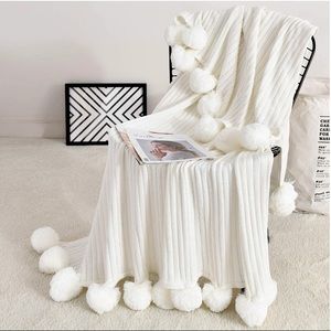 Classic White/Ivory Pompom Fringe Chic Cozy Soft Bedroom Throw Blanket/Cover